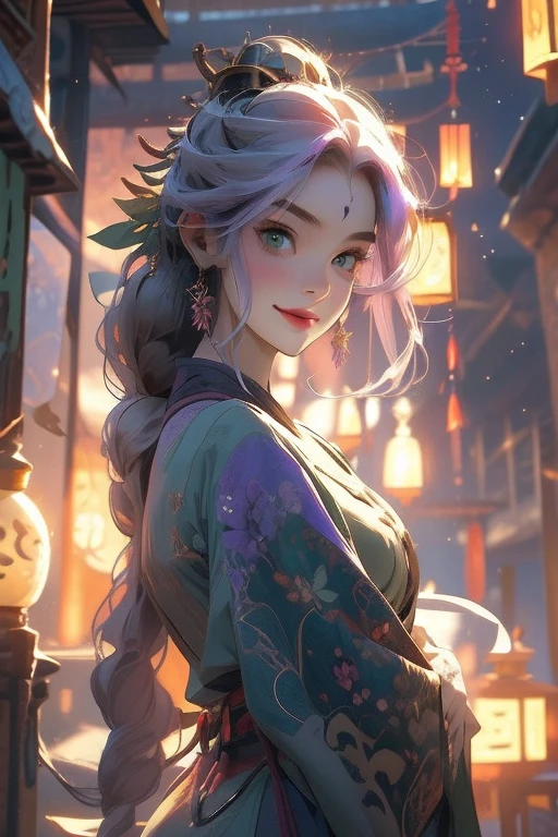 Perfect face. Perfect hands. A light purple haired woman with green eyes with an hourglass figure is watching the lanterns at a shrine with a big smile