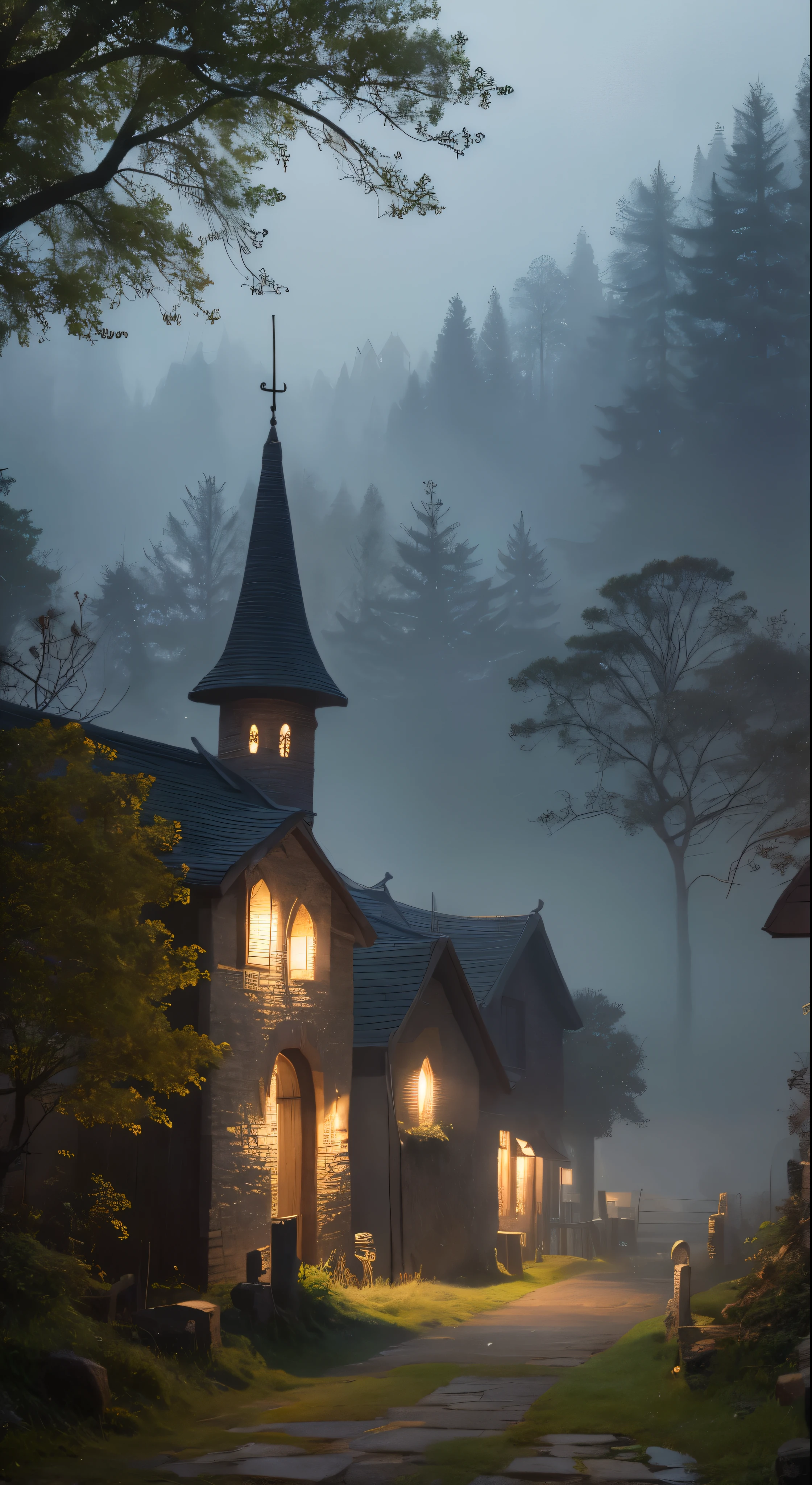 realistic dark oil painting of a medieval village at sunrise, mossy, mist, foggy, shadows, misterious, mithical, dark, rays of light shines trough the woods, ambient, depth of field, volumetric lighting, cinematic lighting, moody, heavy darkness, black sky, low angle perspective, by Eyvind Earle