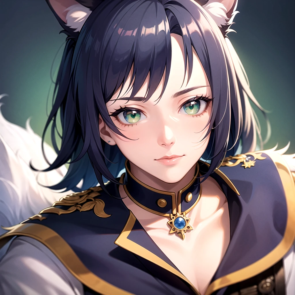 ((Highest quality)), ((masterpiece)), (detailed), ((A young man with navy blue fox ears)),((Navy Blue Hair)),((Green Eyes)),Close-up of face,Simple Background,The background is white,