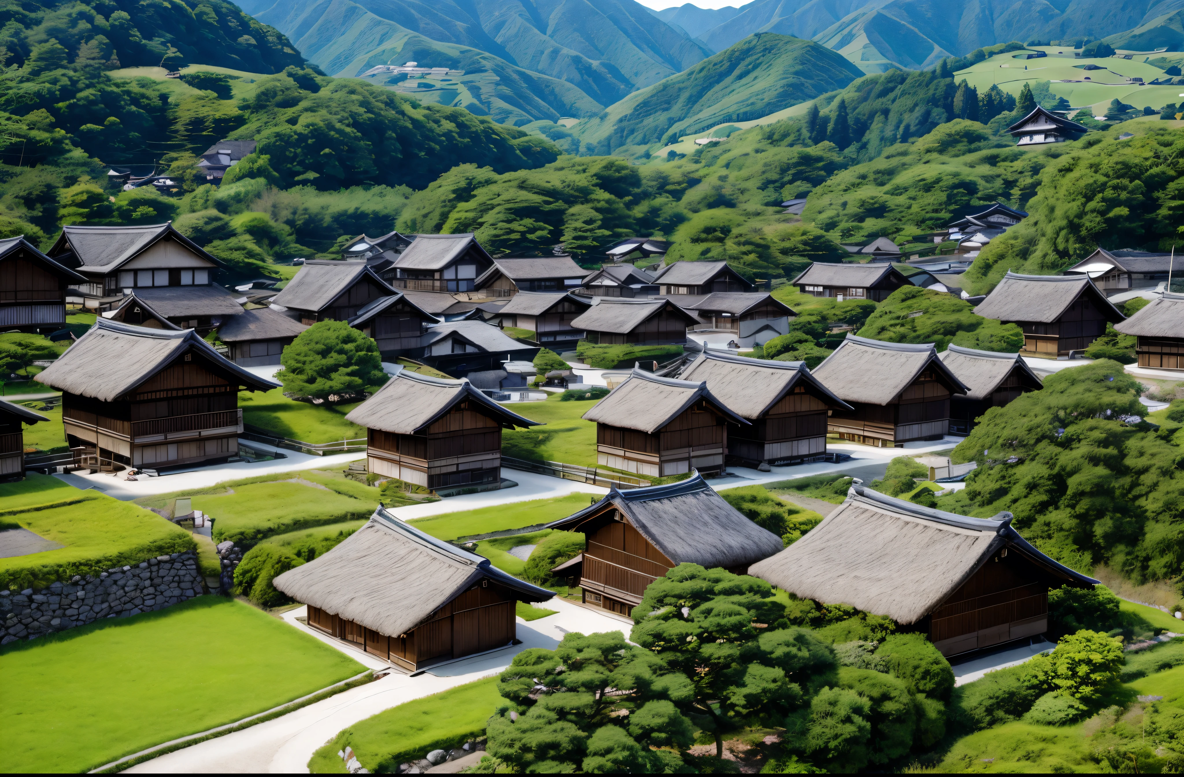 A group of straw-thatched Japanese houses like those in Shirakawa-go View from the top of the mountain