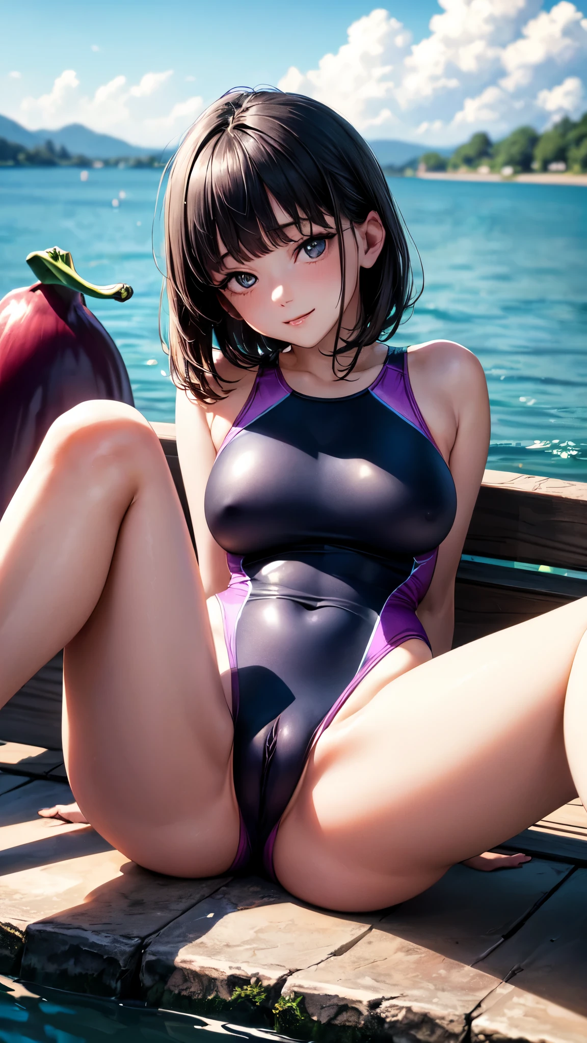 (((4K,masterpiece,best quality,ultra detailed,high resolution))),(daytime,clear weather,front light),((solo)),(beautiful woman,age),(black hair,blunt bangs,himecut),(detailed face,detailed eyes),(finely detailed skin,fair skin),light smile,(one-piece competition swimsuit),(on the beautiful lake side,beautiful sky),(medium breast,medium hip),sitting ,(legs up,spread legs,arms behind back),(an eggplant is in vagina,cameltoe,erected clitoris),