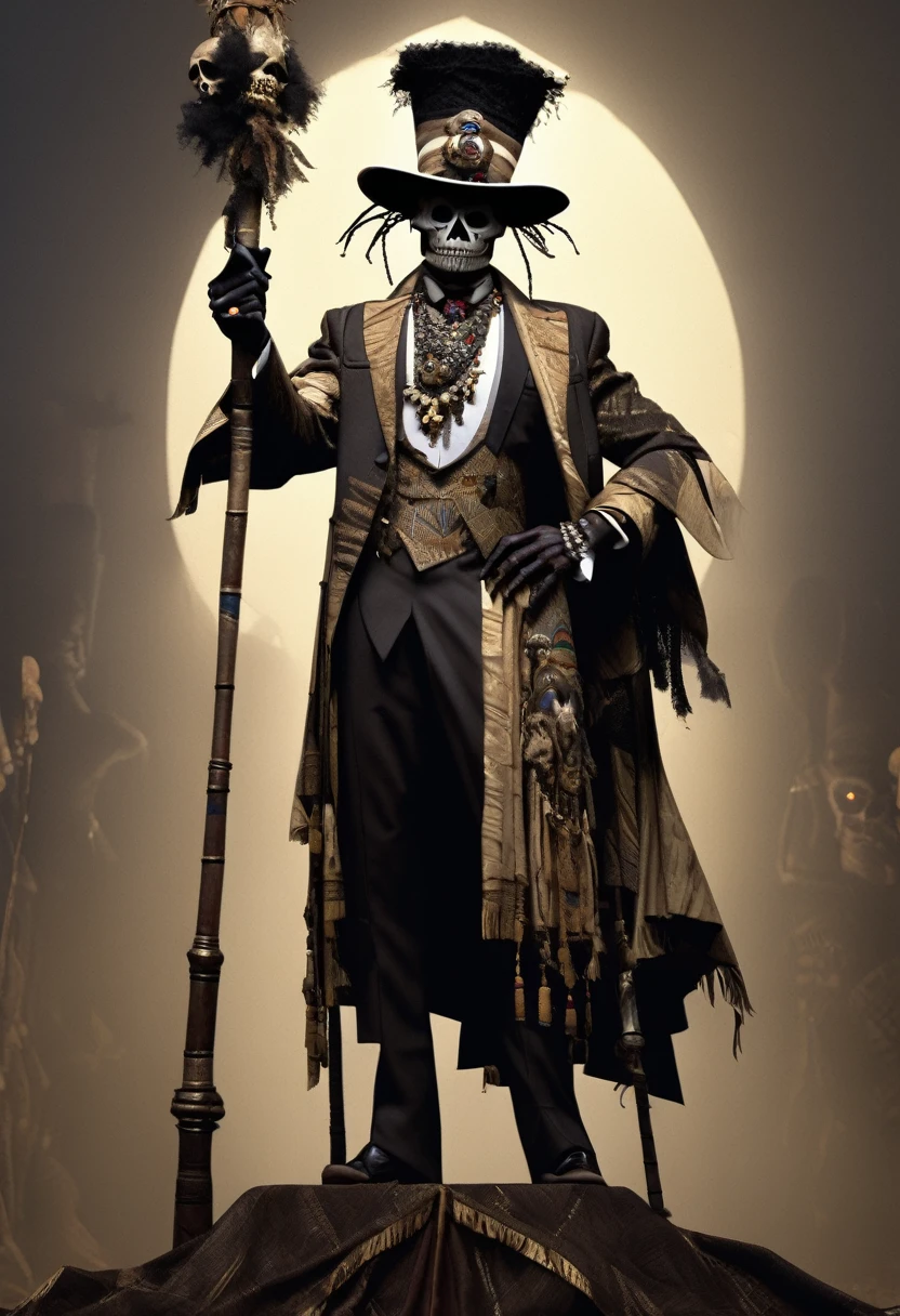 (((BARON SAMEDI))) best quality, ultra-high resolution, 4K detailed CG, master piece, Baron Samedi,man, African clothing, Voodoo mythology, ((standing pose)), African image, aesthetic, Centered screen, full body