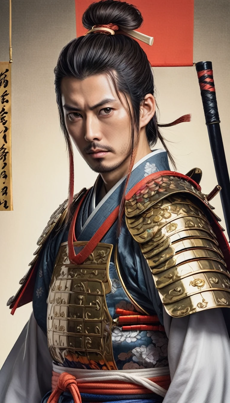 detailed portrait of Akechi Mitsuhide in traditional samurai armor, with a serious and determined expression, set against a historical Japanese background.