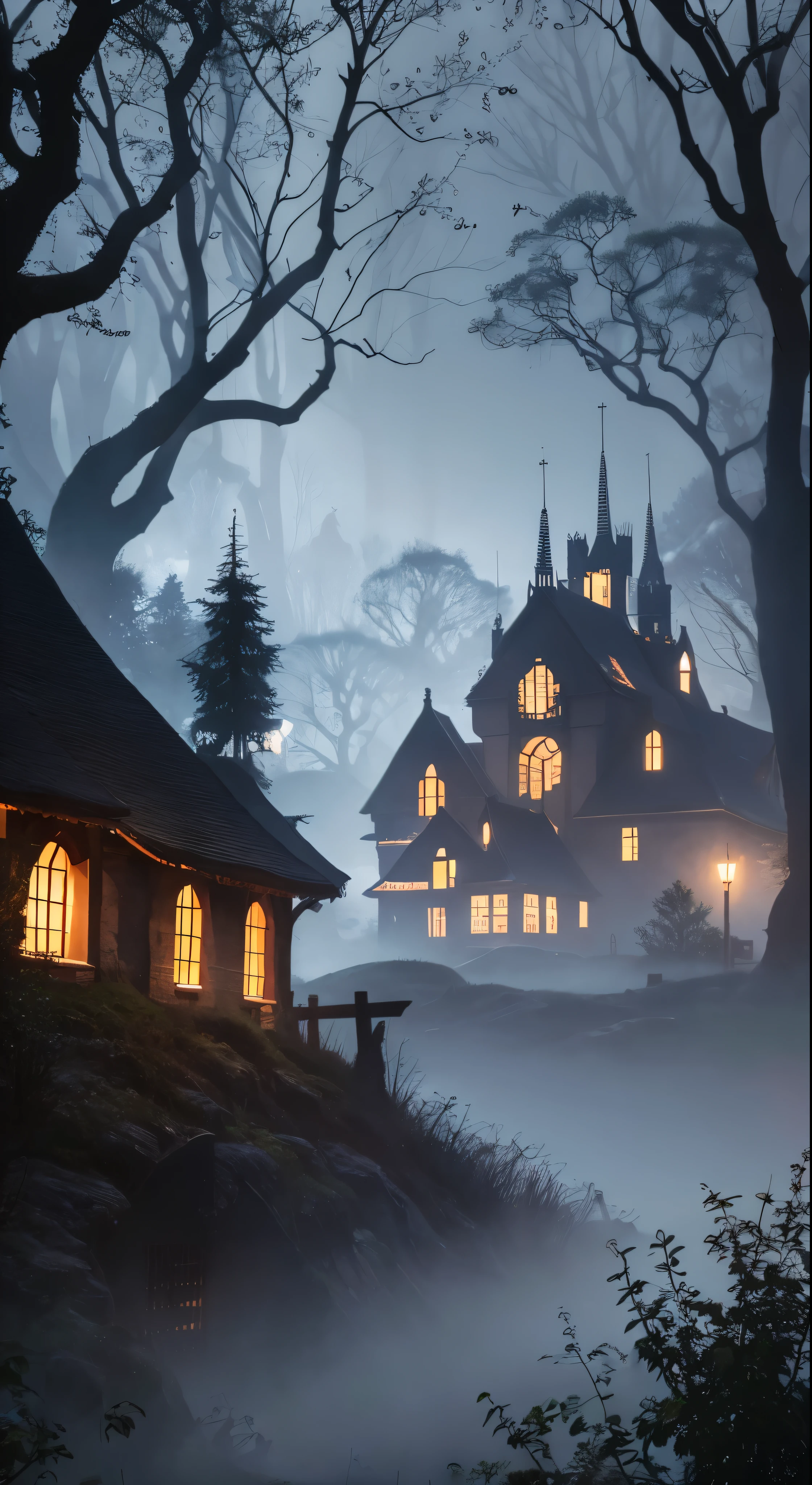 realistic dark oil painting of a medieval village at sunrise, mossy, mist, foggy, shadows, misterious, mithical, dark, rays of light shines trough the woods, ambient, depth of field, volumetric lighting, cinematic lighting, moody, heavy darkness, black sky, low angle perspective, by Eyvind Earle