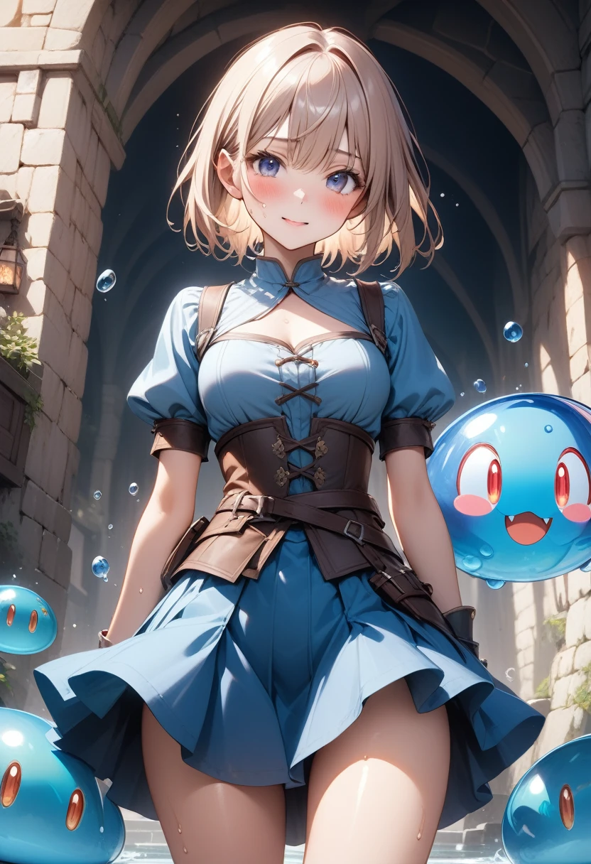 (((Very realistic slime))), ((Fantasy-style fantasy world)), (((Fantasy Costumes, skirt))), ((Shiny Costumes)), (Being attacked by slime), skindentation, skinny, solo, 1 woman, Masterpiece, highest quality, highest quality, 16K, incredibly absurd, highly detailed, 2.5D, ai-generated, delicate and dynamic, very delicate facial expressions, delicate eye depiction, erotic, only sexy woman, ((A cute and kind face)), healthy figure, ((25-year-old woman)), 160cm tall, medium firm swaying bust, blush, Sweat,Embarrassed,sexy, ((thin thighs)), (camel toe:0.7), (visible nipples:0.5), (Erect nipples,:0.7), shiny and lustrous, facing straight at viewer, (((in heat))), ((Oily_skin)), ((dutch angle)), ((erotic pose)), ((Fighting slime)), ((Daytime plateau in a fantasy world of medieval Europe)),