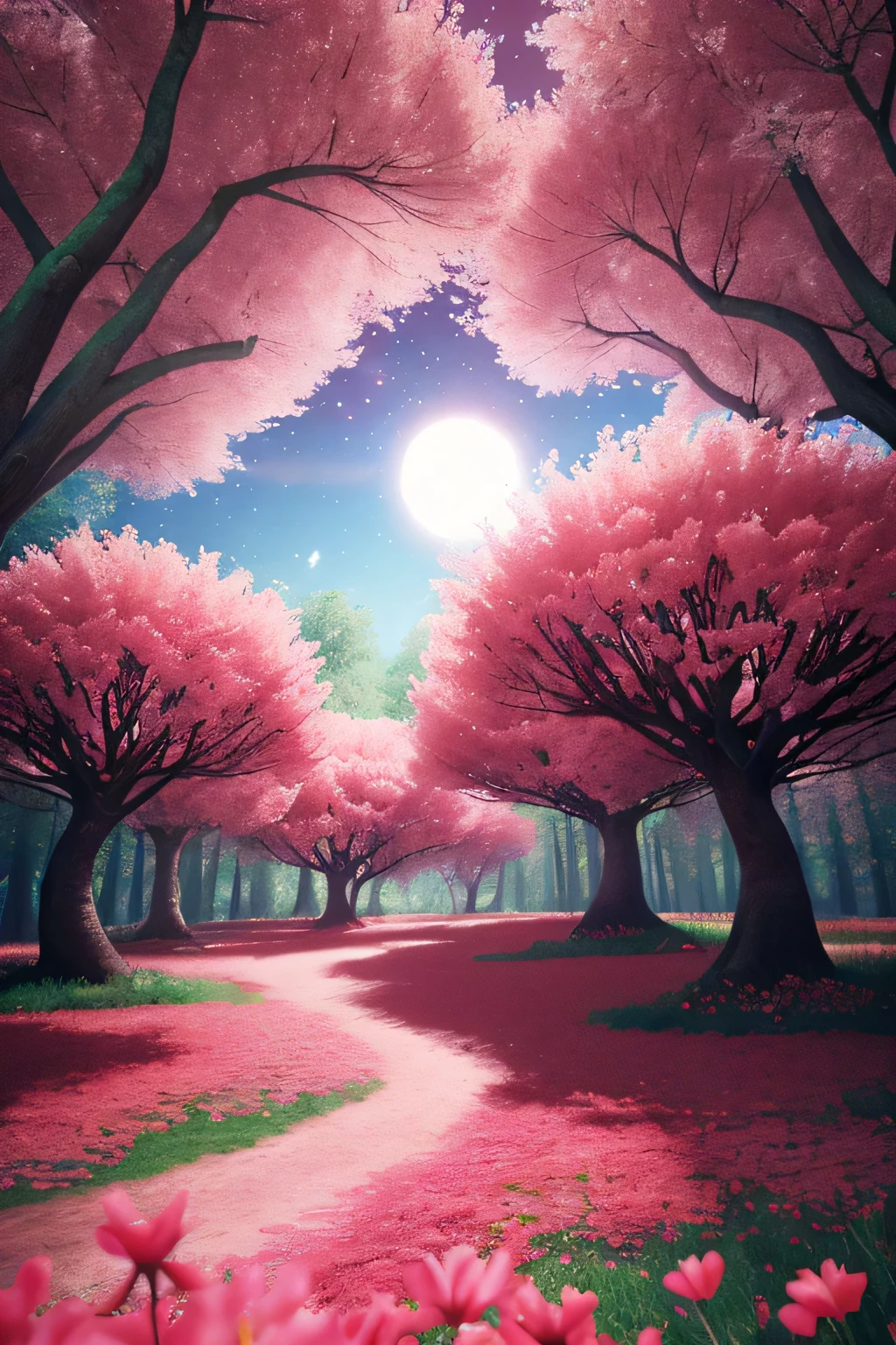  Fairy magical planet, trees and RED and pink FLOWERS,HD