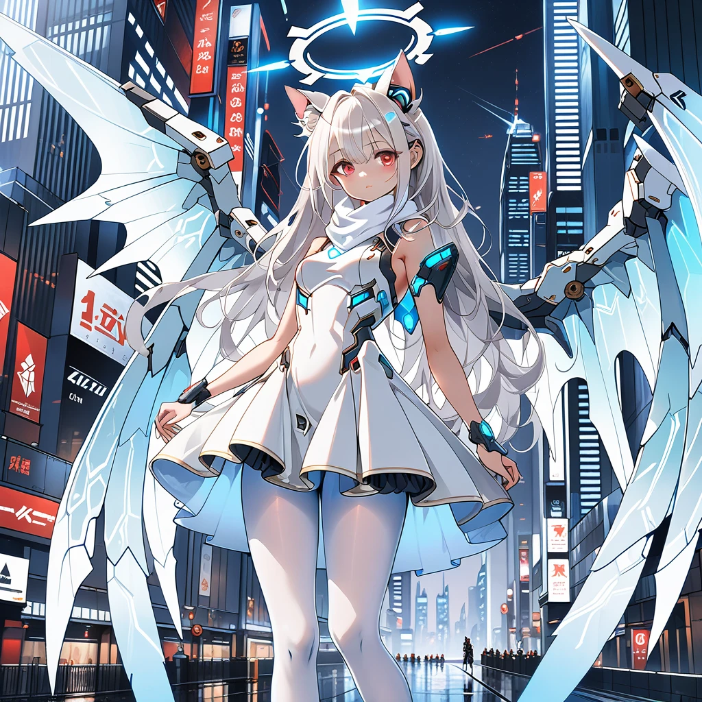 masterpiece, highest quality, highest resolution, clear_image, detailed details, white hair, long hair, 1 girl, cat ears, red eyes, futuristic dragon wings (12 wings), futuristic halo, white sci fi mecha dress, white scarf (around the neck withn a light blue glow), white pantyhose, full body, no water marks, city