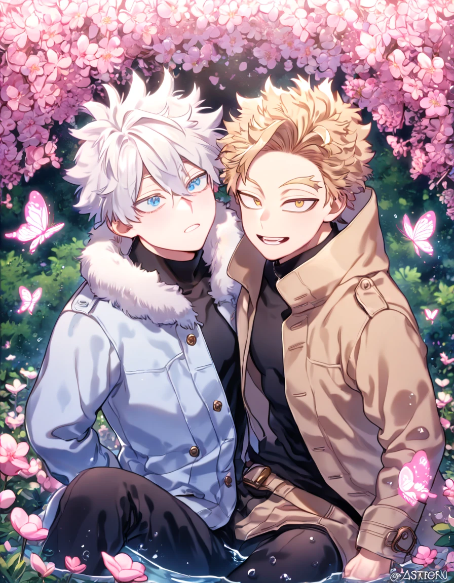 absurdres, highres, ultra detailed, HDR, master piece, best quality, extremely detailed face, delicated features, Hawks, ash-blonde hair, expressive golden brown eyes, Boku No Hero Academia, Gojou Satoru, white hair, expressive blue eyes, white eyelashes, two sexy men sitting together, yaoi, gay couple, handsome, light-blue coat with fur collar, brown coat with fur collar, black tight shirt with patterns, brown pants, black pants, fantasy, magical, pink butterflies, spring, pink leaves, pink flowers, water, garden