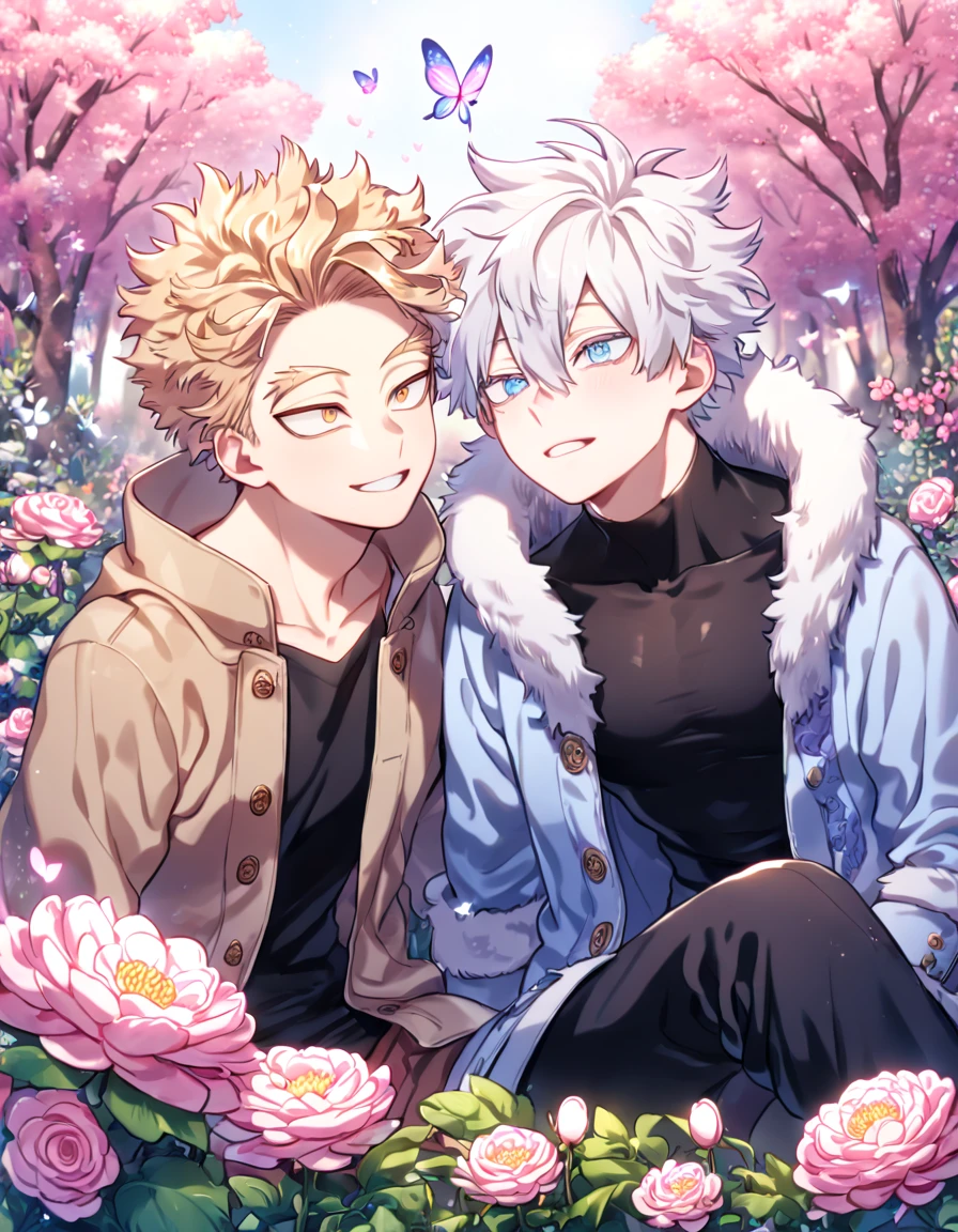absurdres, highres, ultra detailed, HDR, master piece, best quality, extremely detailed face, delicated features, Hawks, ash-blonde hair, expressive golden brown eyes, Boku No Hero Academia, Gojou Satoru, white hair, expressive blue eyes, white eyelashes, two sexy men sitting together, yaoi, gay couple, handsome, light-blue coat with fur collar, brown coat with fur collar, black tight shirt with patterns, brown pants, black pants, fantasy, magical, pink butterflies, spring, pink leaves, pink flowers, water, garden