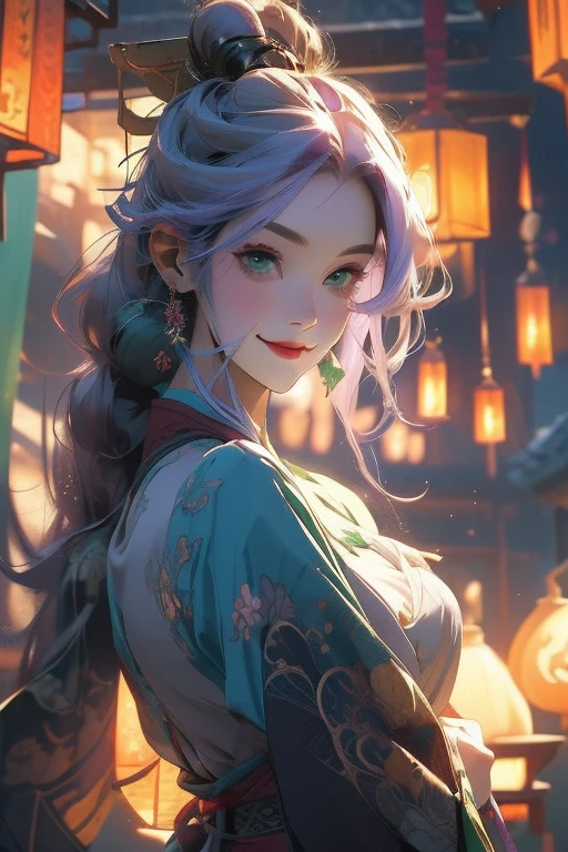 Perfect face. Perfect hands. A light purple haired woman with green eyes with an hourglass figure is watching the lanterns at a shrine with a big smile