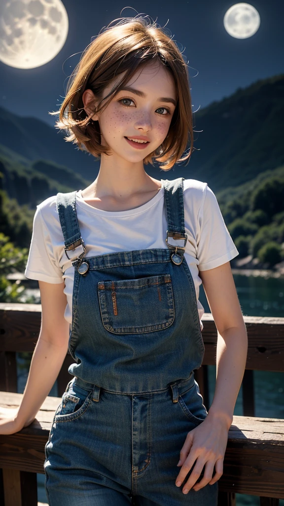One girl, sxfrances, short hair, Orange Hair, Green Eyes, freckles, smile, Red Overalls, Blue Shirt, Roll up your sleeves, Mountain, moon, (night:1.5), View your viewers