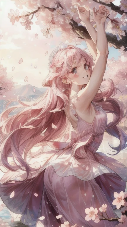Prompt 1: Shower of Cherry Blossoms
Fairy's Appearance

Outfit: A dress made of cherry blossom petals. The design is fluffy and airy, with pink and white as the base colors, adorned with petals and leaves.
Hairstyle: Long wavy hair with a crown of cherry blossoms. The hair color is a soft pink.
Facial Features: Elegant and delicate features, large eyes, and light pink blush.
Accessories: Earrings and a necklace made of cherry blossom petals.
Location and Scenery

Location: A fully bloomed cherry blossom avenue. The background is filled with blooming cherry blossoms.
Time of Day: Morning, with soft daylight streaming in.
Scenery: Cherry blossom petals are dancing in the air, and the ground is covered with petals. The background has a clear blue sky.
Pose and Expression

The fairy is spreading her arms and dancing. She has a gentle smile on her face.