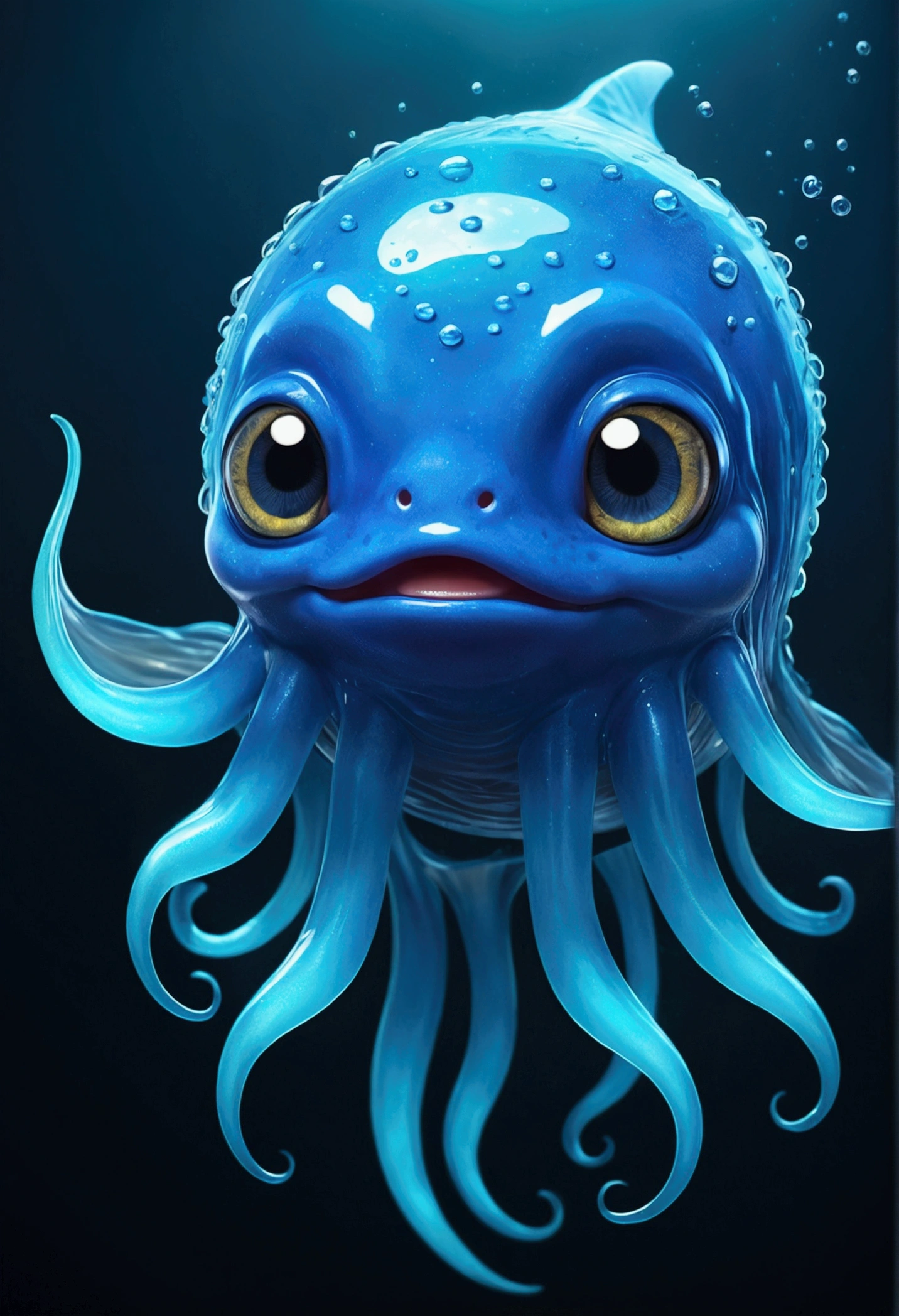 A whimsical illustration of a charming inspired slime, blue_slime, colored skin, realistic, highres, 3d-rendering, clear, fish swimming inside, gills, fins, web fingers, deep sea,