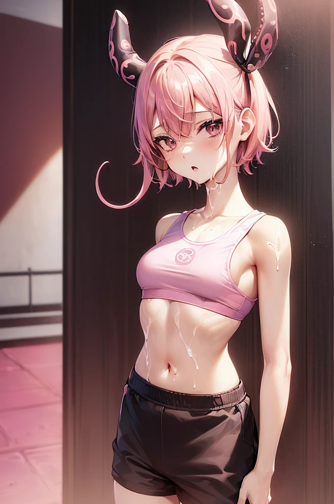 masterpiece, best quality,anime style, 1 girl,(((slender body))), (((small eyes,small breast))),(((gym uniform,sports bra,buruma, hair ribbon))),(((brown tentacles bound a girl))),((((cum)))), (beautiful face), (((short hair))), (((straight hair))), ((((pink hair)))),detailed beautiful skin, (perfect hands, perfect anatomy),scream