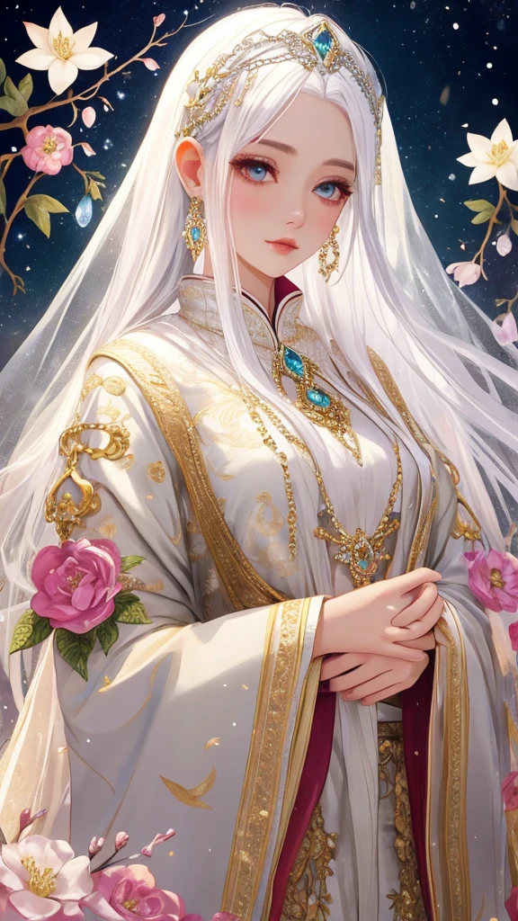 Dazzling colorful lights,Intricate details,whole像、White hair with crystal details,Beautiful woman,There are white flowers in her hair,Pale skin,Light background,Fantasy art style,Kawajiri's wonderful illustrations,pastel colour,Inspired by anime aesthetics,Mysterious Light,Fantasy Style,clavicle,Exposed shoulders,Floating Feather,Shine in different colors,Anime Style.,Front angle of view、超High resolution,Textured skin,Attention to detail,Highest quality,Highest quality,Look forward、Wearing a kimono and facing the camera、whole bodyの角度はカメラを向いて、Talk with your mouth open and meditate with your eyes closed、Joining hands in prayer, Portraits, whole, smile, Speaking with a wide open mouth, Bringing images to humans、One girl, High resolution, Closed eyes, close your eyes、歯を出してsmile、手と手を合わせclose your eyes瞑想、Body facing the front camera、Healing、whole body、Prayer Pose、Close your eyes、Look in this direction、Portrait with eyes closed, Closed eyes, Open your mouth a little, Smiling with teeth showing, Close your eyes and lean in close,