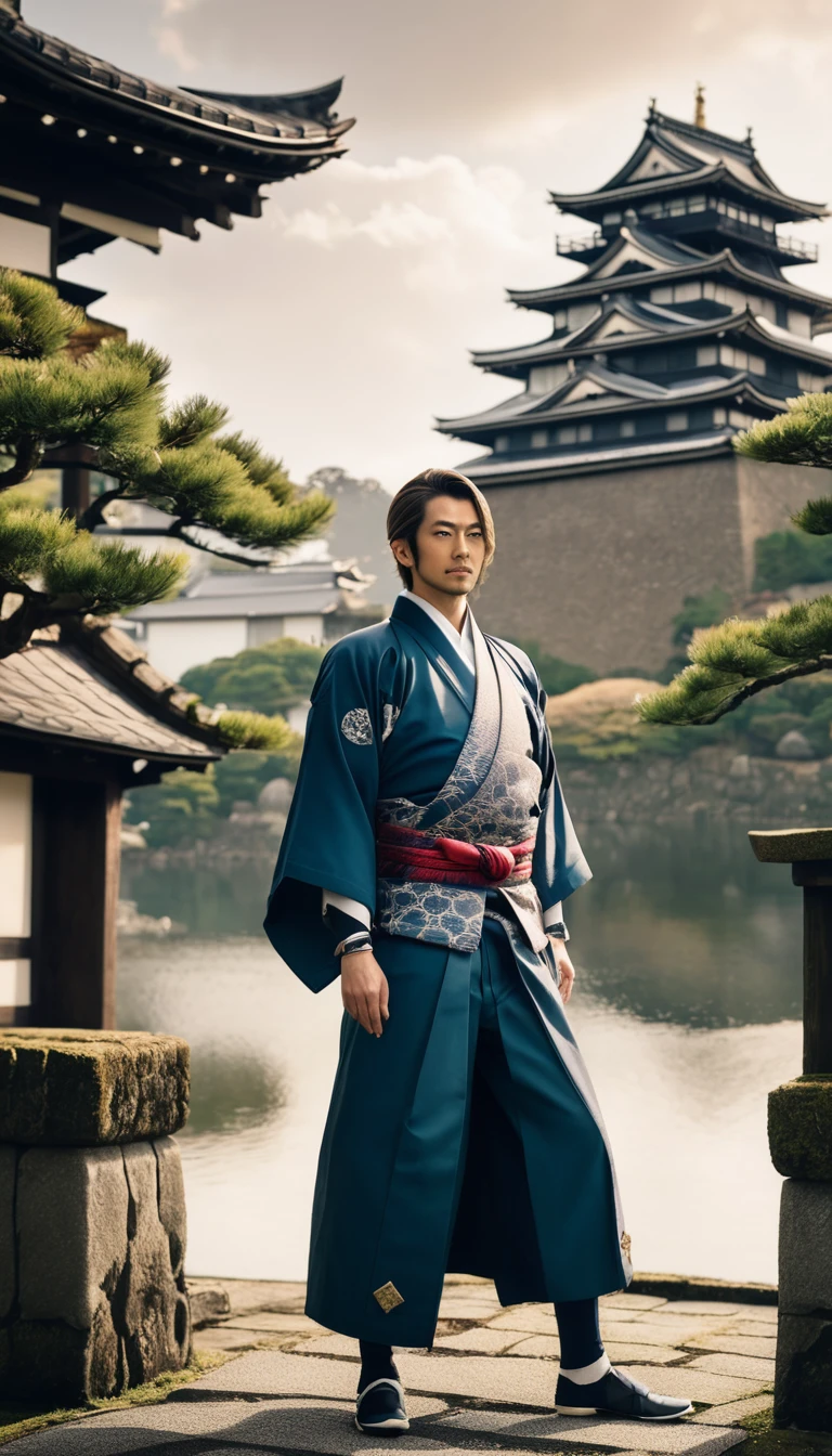Akechi Mitsuhide in a regal pose, with a backdrop of a traditional Japanese castle, highlighting his status as a notable samurai.
