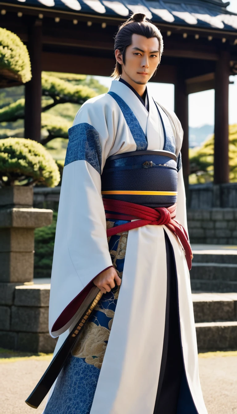 Akechi Mitsuhide in a regal pose, with a backdrop of a traditional Japanese castle, highlighting his status as a notable samurai.