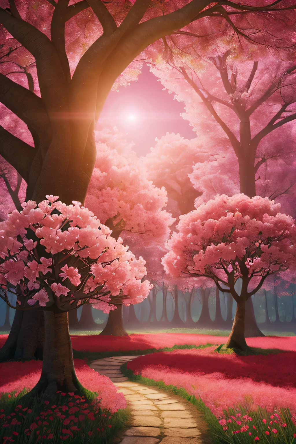  Fairy magical planet, trees and RED and pink FLOWERS,HD