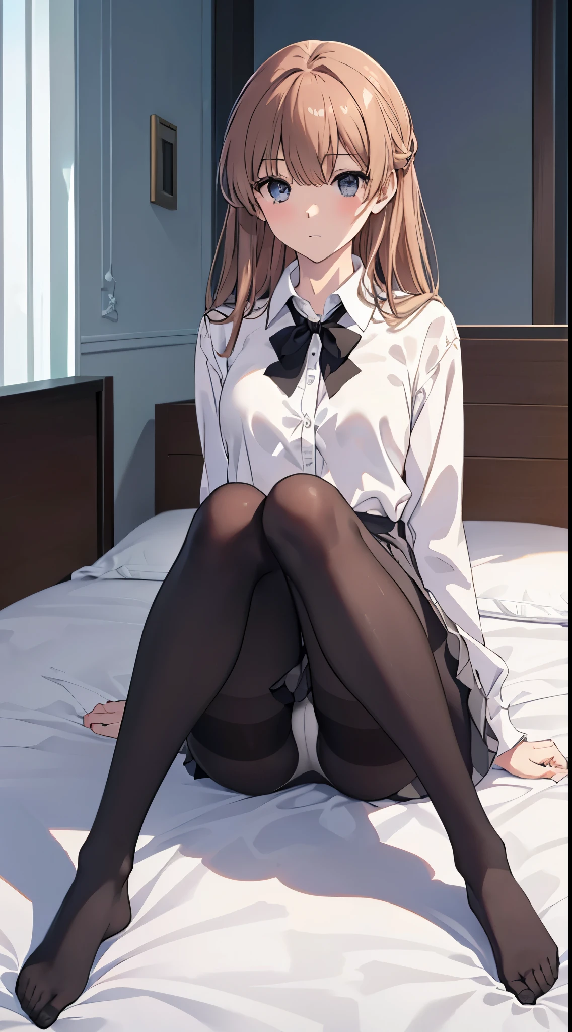 The whole body from head to toe)、(Full Body)、(No shoes)、(blackpantyhoseの内側に白いパンティ)、(blackストッキングの内側に白いパンティ)、(Panty shot)、(Sitting with legs together)、(Sit with your knees bent and your legs apart)、(M-shaped legs)、Brown Hair、Long Hair、bangs、Highest quality、High resolution、8k wallpaper、(figure:0.8)、(Beautiful attention to detail:1.6)、(Highly detailed face)、Perfect lighting、Highly detailed CG、Perfect hands、Perfect Anatomy、Thin legs、(Small Tits)、Sitting on the floor、Sleep on your back、Spread your legs、Look forward、Configuration from below、Positive、Turn your lower body forward、In 8K、Highest quality、The real picture、Intricate details、Ultra-detailed、超High resolution、Depth Field、(Photorealistic、Realistic:1.2),masterpiece, 0.25 :: Front shot、From the center、One Girl、Very beautiful 17 year old girl、See the face and feel、Big eyes、Sexy pose、Fascinating、Perfect Skin、(Small breasts)、Narrow waist、Light blush、solo、Looking at the audience、Five perfect fingers、Small toes、sweating、 wear((School_uniform)、White shirt、Collared shirt、Pleated dress、Grey Dress、(black_pantyhose:1.2)、 blackストッキング、blackpantyhose、(Sculpture Pose:1.1)、 Showing her white panties、Panty shot、Spread your legs、Open legs、Wide-open legs、bedroom 、On the bed