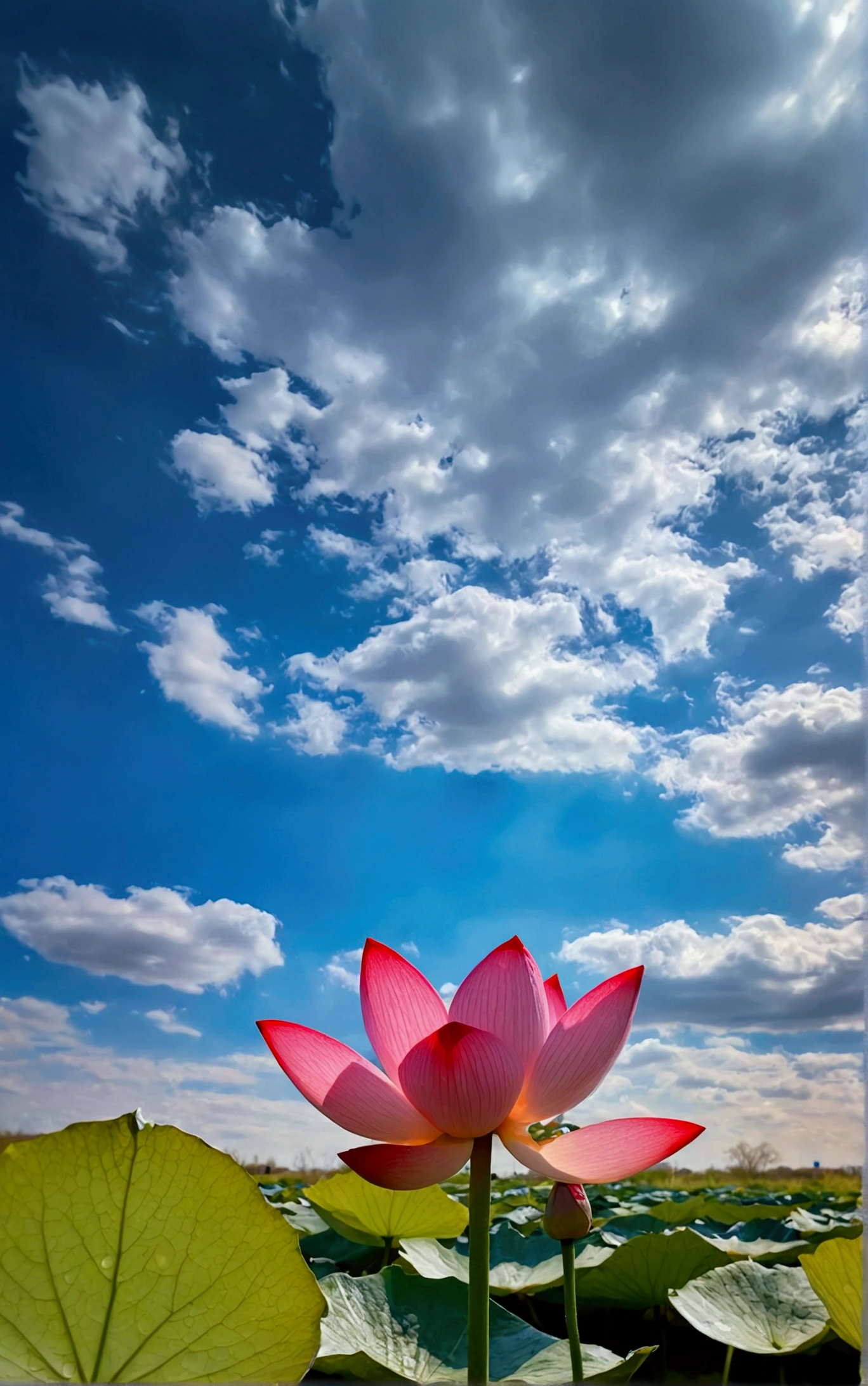 Upward Shot,A small red lotus flower is covered with water droplets,There are colorful clouds in the sky,Real photography,Picture life,Real and natural,best quality, high resolution