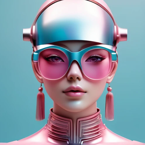3D illustration of the whole body and face of an artificial intelligence model wearing futuristic glasses, Stylish sunglasses，Gradient Background, Pastel Color Palette, Pink White, Simplicity, Cold metal texture, Surrealism, Earrings, Perm, Cleavage:2