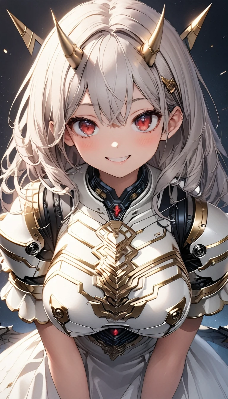 masterpiece, Highest quality, Very detailed, High resolution, Japanese anime,One girl, Silver Hair, (Medium length hair:1.5), Wavy Hair, Mechanical Wing, (Red eyes:1.5), (Beautiful attention to detail:1.4), smile, 12 years old, Height: 130cm, (Huge breasts:1.1), (Mechanical Horn:1.5), original character, Fantasy, (Black background:1.1), (whole body:1.8), Beautiful fingers, Are standing, (Blue White Gold Lace Ruffle Armor Dress:1.5), (Mechanical Headgear:1.5) , Shoot from the front, View your viewers