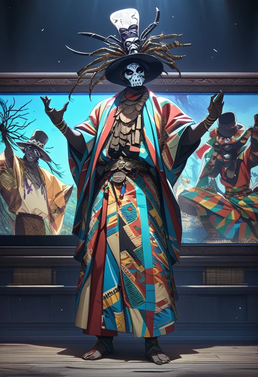 (((BARON SAMEDI))) best quality, ultra-high resolution, 4K detailed CG, master piece, Baron Samedi,man, African clothing, Voodoo mythology, ((standing pose)), African image, aesthetic, Centered screen, full body
