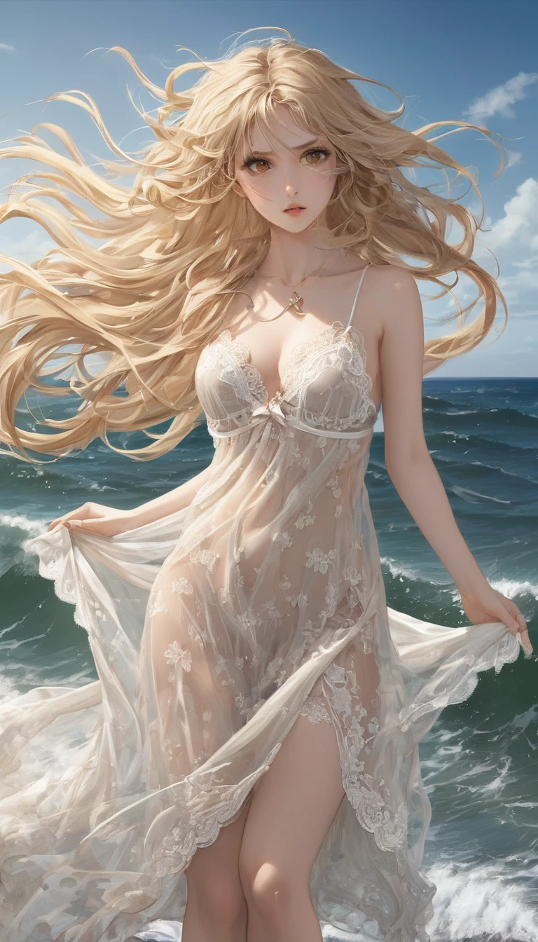 ( Absurd , high quality , Super detailed, Watch your hands )Zodiac sign - Gemini Goddess , Similar to the goodness of Latin , alone . Curious, Skillful, Humorous, Fascinating, Imaginative faces , Sometimes unrealistic, Restless, Nervous, Careless style , mature , Light brown eyes , Long Hair , Light blonde hair , Transparent dress , Lace Lingerie , In the windy sea , whole body , Sexy expression ,