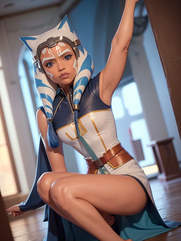instagram selfie photography of ahsoka tano woman padawan, posed for fashionable photoshoot, fashionable posed hands and legs, in jedi temple, dressed in nurse uniform, in Jedi temple, shot on nikon z6,sneakily, 4k resolution, highly detailed, AhsokaS7, colored skin, blue eyes, teasing figure, plumpy legs, detailed background, shot on polaroid, polaroid film colours, rich detailed background