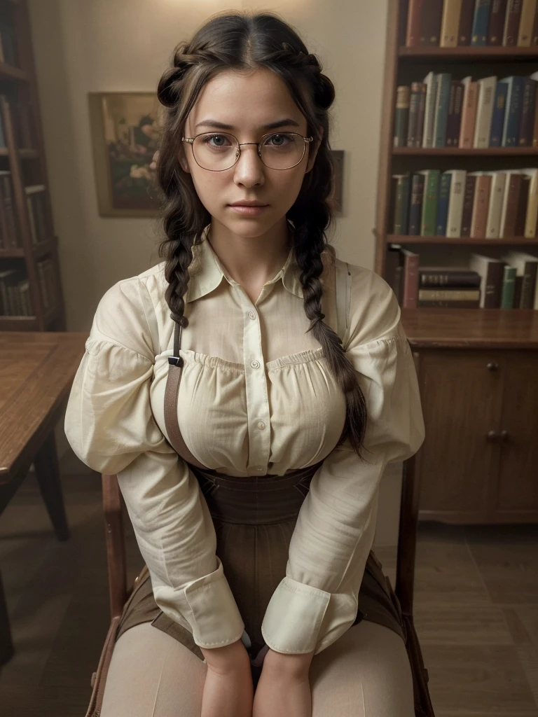 masterpiece, high quality computer graphics, anime, illustration, Best quality, 1 Girl, border, bondage, Beautiful face, detailed face, cowboy shot, dokkabi, 1 Girl, One, I look at the viewer,  black hair, Hair, glasses, black gloves, belt, trousers, black eyes, twin Hairs, highlighted hair, black headdress, Body, black trousers, круглые glasses, black Body, cap, hair behind the ear, 