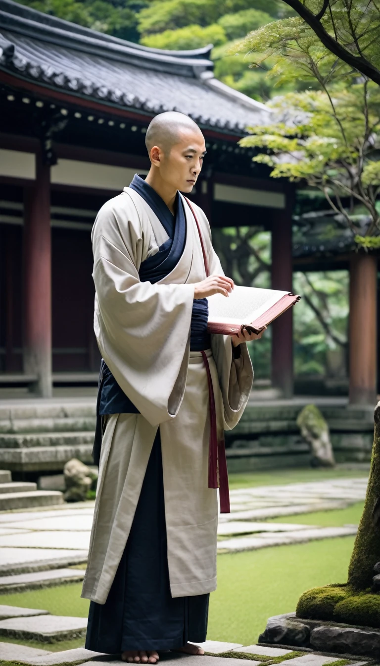 mysterious monk, identified as Tenkai, with a serene expression, holding a scroll, standing in a tranquil temple garden.