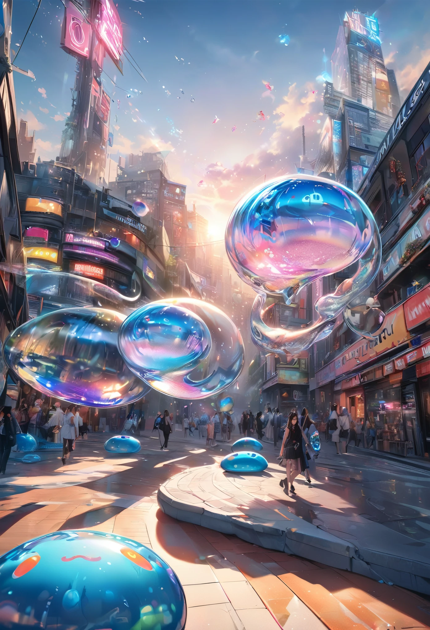 conceptual installation art, a cute, transparent, iridescent slime that says "I'm not a bad slime" smile, strolls around town, (ultra detailed, absolutely resolution, best quality:1.3), 2.5D, delicate and dynamic, hyper realistic, artistic photography, graphic CG digital art, shading effects, gradation magic effects, glitter effects, sunlight effects, foggy filter effect, cartoon-style