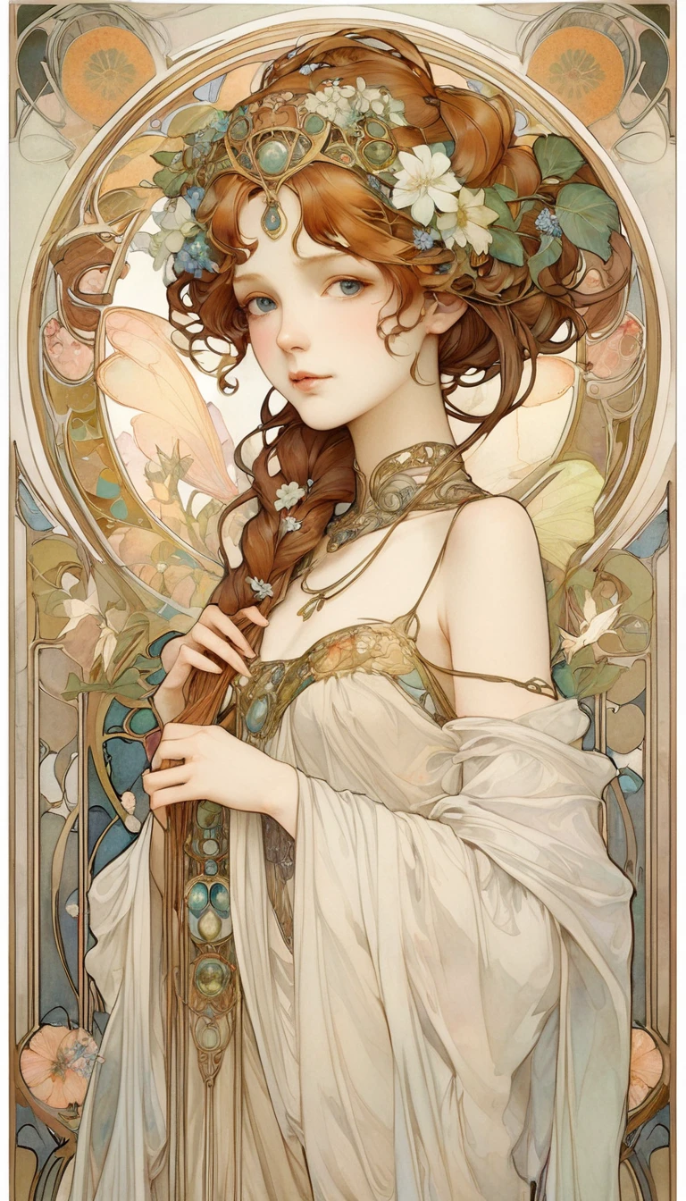 Depicts a beautiful woman with flowers in her hair、Highly detailed watercolor painting, The style of Alfons Maria Mucha and Gustav Kirmut, Art Nouveau accents, Fairy Princess, Anthropomorphic woman, Female figure, Detailed cover artwork, As the Flower Goddess, Alphonse Mucha, Gustav Klimt, Pale skin, Marble sculpture, society, Gothic art, Art Nouveau, Behance Contest Winner