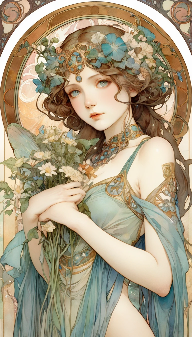 Depicts a beautiful woman with flowers in her hair、Highly detailed watercolor painting, The style of Alfons Maria Mucha and Gustav Kirmut, Art Nouveau accents, Fairy Princess, Anthropomorphic woman, Female figure, Detailed cover artwork, As the Flower Goddess, Alphonse Mucha, Gustav Klimt, Pale skin, Marble sculpture, society, Gothic art, Art Nouveau, Behance Contest Winner