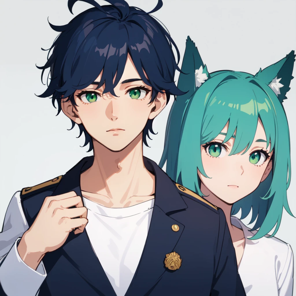 ((Highest quality)), ((masterpiece)), (detailed), ((A young man with navy blue fox ears)),((Navy Blue Hair)),((Green Eyes)),,Simple Background,The background is white,