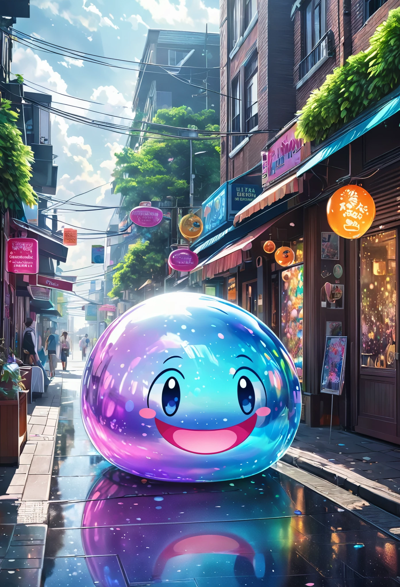 conceptual installation art, a cute, transparent, iridescent slime that says "I'm not a bad slime" smile, strolls around town, (ultra detailed, absolutely resolution, best quality:1.3), 2.5D, delicate and dynamic, hyper realistic, artistic photography, graphic CG digital art, shading effects, gradation magic effects, glitter effects, sunlight effects, foggy filter effect, cartoon-style