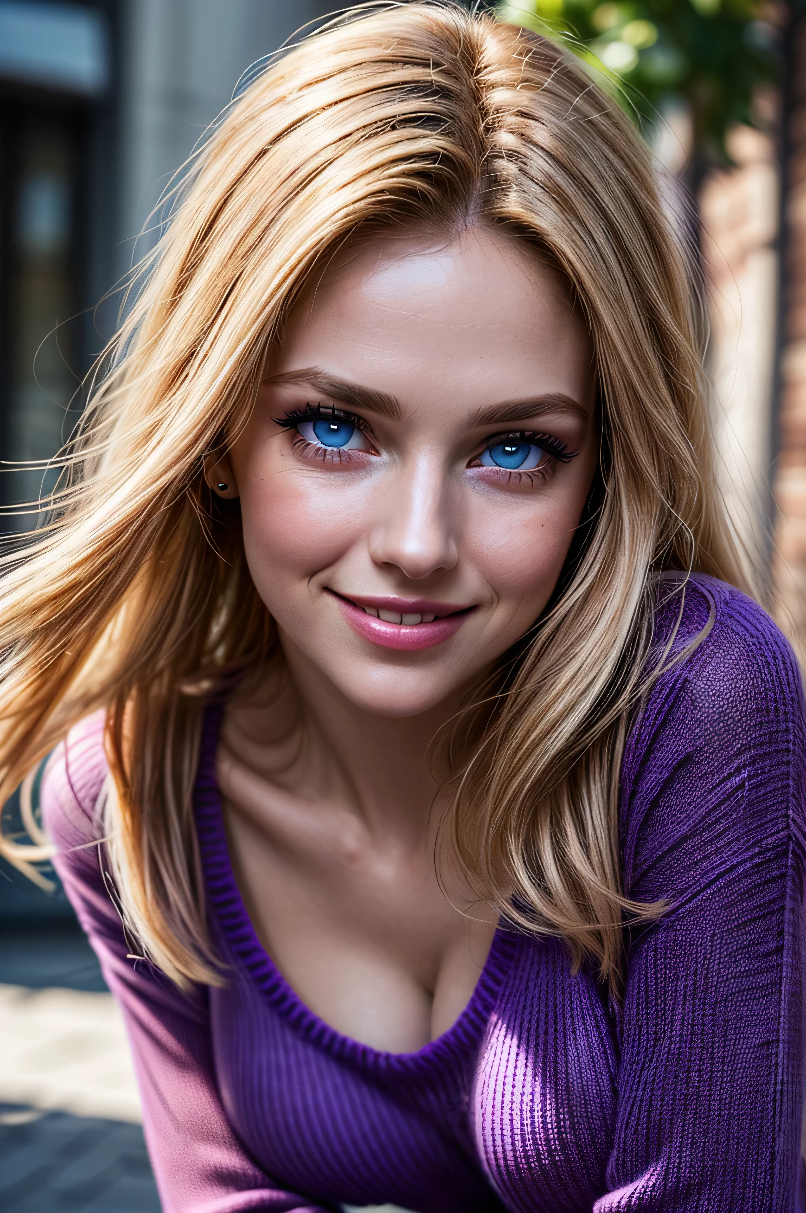 (masterpiece, photorealistic:1.4, extremely intricate:1.3), (photon mapping, radiosity, physically based rendering, ultra resolution, hyper-realistic, photorealistic:1.4, hyper-realistic, 8K), ((((closeup breasts, [medium breasts:large breasts:0.5], closeup portrait, (cheekbones, 18years)), long straight [bright blonde hair:pink hair:0.6]), [makeup:natural:0.6], long eyelashes, thick lashes, loose soft purple jumper), leaning forward, blue eyes), smile. laugh, from above:0.6
