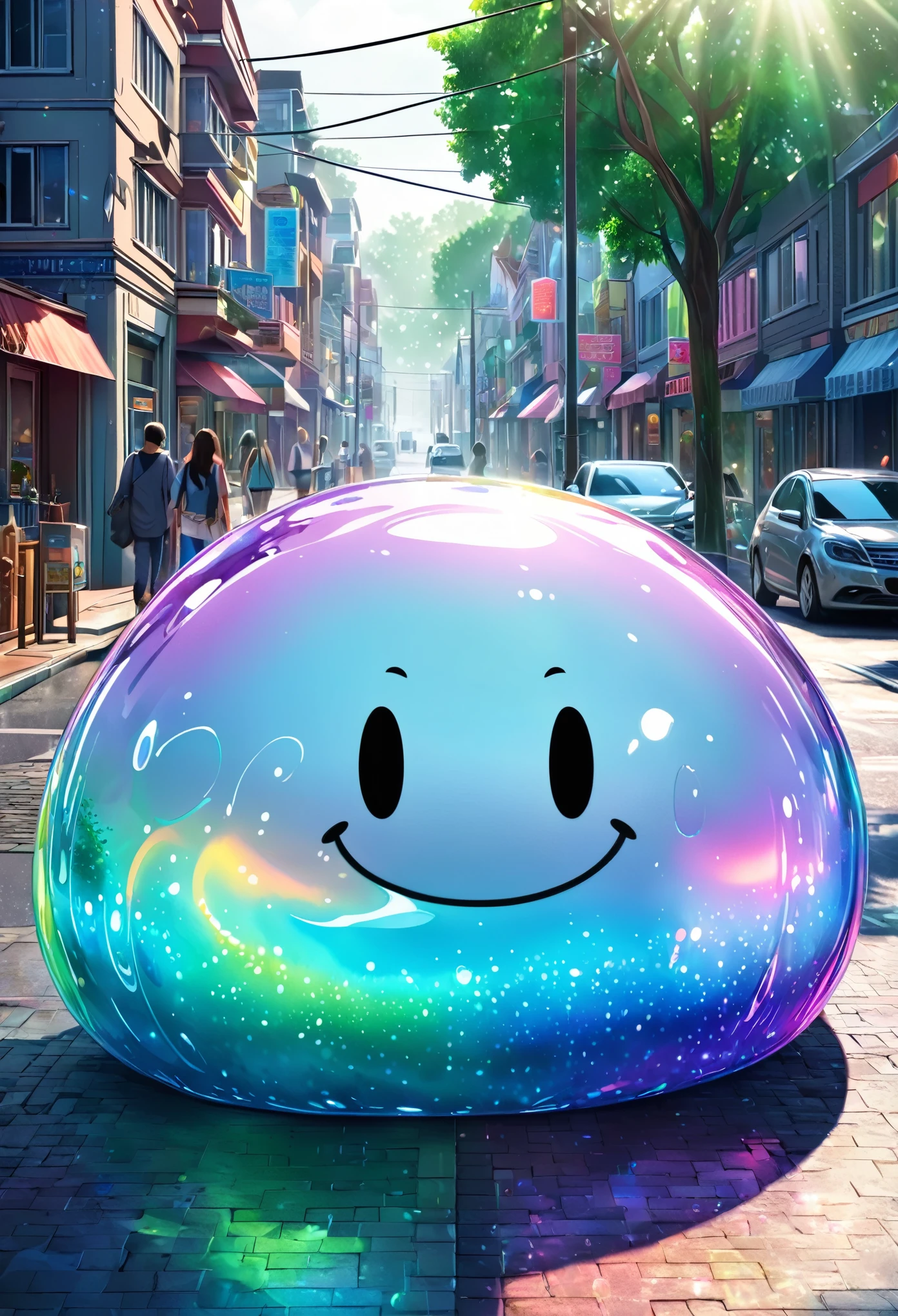 conceptual installation art, a cute, transparent, iridescent slime that says "I'm not a bad slime" smile, strolls around town, (ultra detailed, absolutely resolution, best quality:1.3), 2.5D, delicate and dynamic, hyper realistic, artistic photography, graphic CG digital art, shading effects, gradation magic effects, glitter effects, sunlight effects, foggy filter effect, cartoon-style