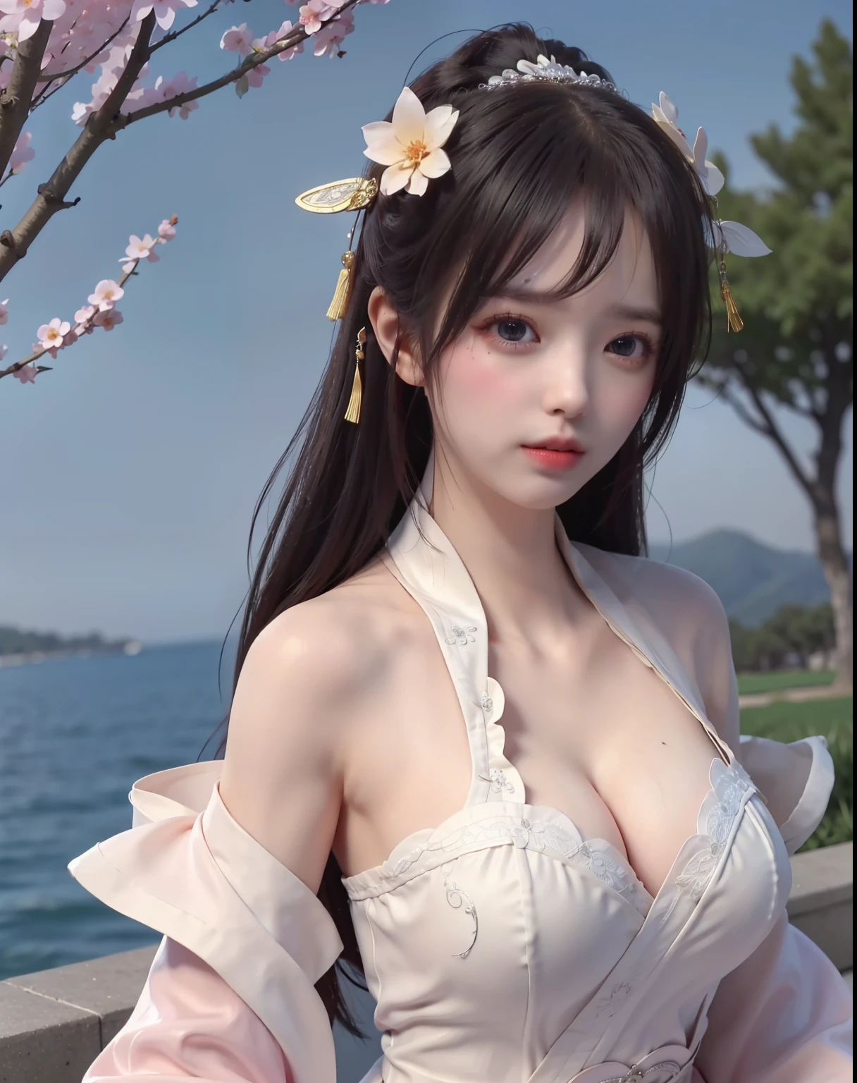(8k, RAW photo:1.2), best quality, ultra high res,dramatic angle,(fluttered detailed color splashs), (illustration),(((1 girl))),(long hair),(rain:0.9), (Headdress:1.4),There is an ancient palace beside the girl,Hanfu,(Key Points),Color ink painting,(Splash of Color),Splash of Color,(((colorful))),(sketch:0.8) , Masterpiece, best quality, beautiful painted, highly detailed,(denoising:0.6),[splash ink],((ink refraction)), (beautiful detailed sky),moon,highly,detaild,(masterpiece, best quality, extremely detailed） CG Unity 8k Wallpaper，masterpiece，best quality，Ultra Detailed），（Lycoris）. hanfu open v open V-chested clothes Thin silk lace dress , (huge ，cleavage),, white pinkand gren，best qualtiy，tmasterpiece，Ultra-high resolution，（Reality：1.4），RAW photogr，（True skin texture：1.3），（filmgrain：1.3），（Selfie angle），1个Giant Breast Girl，Beautiful eye and face details，tmasterpiece，Best quality at best，，The chest more exposed， detailed hair, bra pink , detail 8k, upper body, lace petticoat