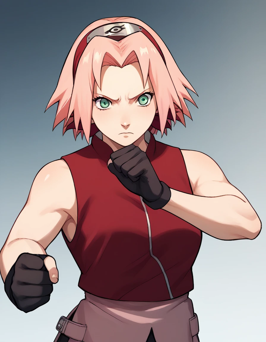 BREAK, source_anime,
1girl, haruno sakura, pink hair, short hair, green eyes, sleeveless, red shirt, forehead protector, beautiful legs, black gloves, pussy, bottomless, upper body, beautiful body, konohagakure background, figthing pose, punching, 