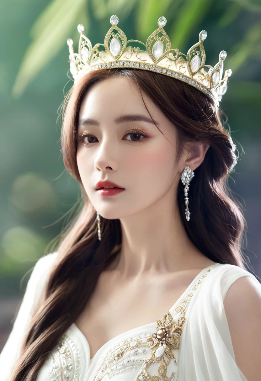 One was wearing a white dress、Woman wearing a crown, a Beautiful fantasy queen, ((Beautiful fantasy queen)),