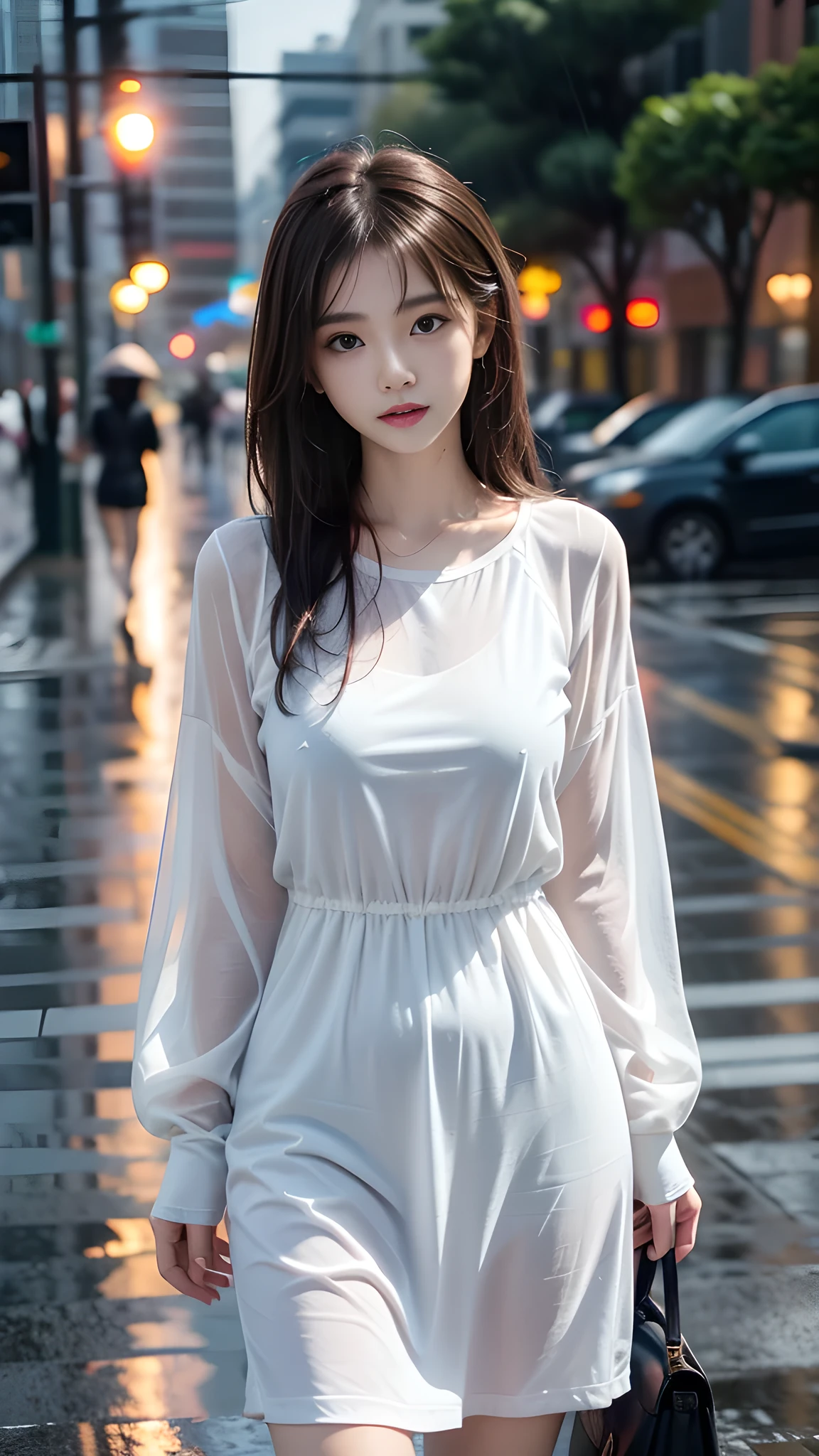 ulzzang-6500-v1.1, (RAW photo: 1.2), (Real photo), (Real photo: 1.4), 1 girl、Perfect anatomy、18 years old、Looking at the camera、Medium length hair, Wet hair in the rain, dress, ((on the street, in the rain: 1.2)), (Soaked clothes: 1.2), (Business service)、Asian eyes Ella,