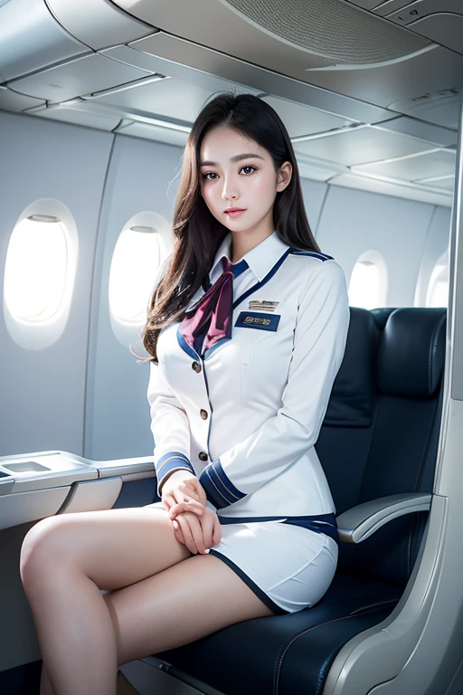 Highest quality, masterpiece, 8k, Ultra-high resolution, (Photorealistic:1.4), One Girl、Beautiful Face、Symmetrical eyes、huge 、Perfect figure、Stewardess Uniform、Look at the viewers、(Inside the plane:1.2)、View from the front、shoulder、Long legs(1.3)、