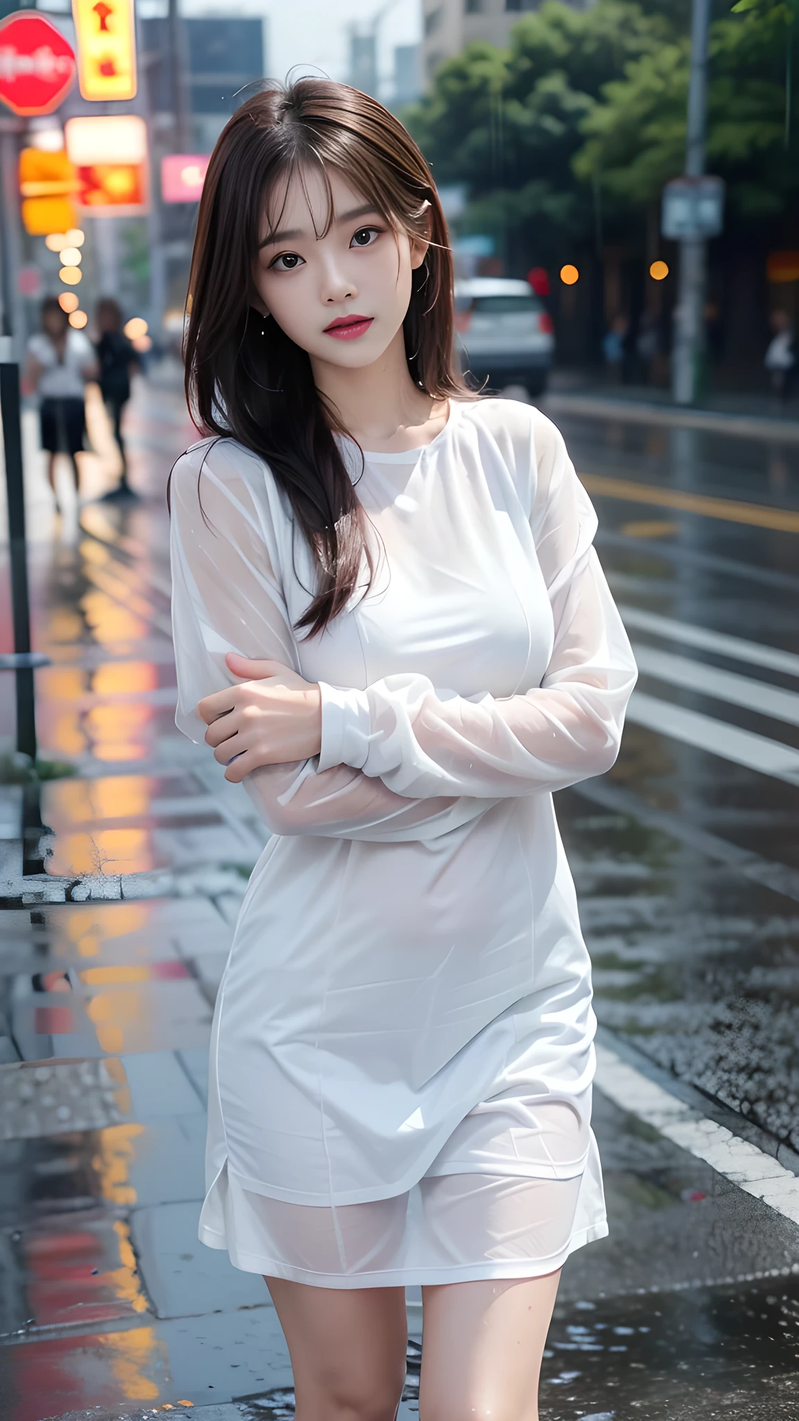 ulzzang-6500-v1.1, (RAW photo: 1.2), (Real photo), (Real photo: 1.4), 1 girl、Perfect ???????、18 years old、Looking at the camera、Medium length hair, Wet hair in the rain, dress, ((on the street, in the rain: 1.2)), (Soaked clothes: 1.2), (Business service)、Asian eyes Ella,