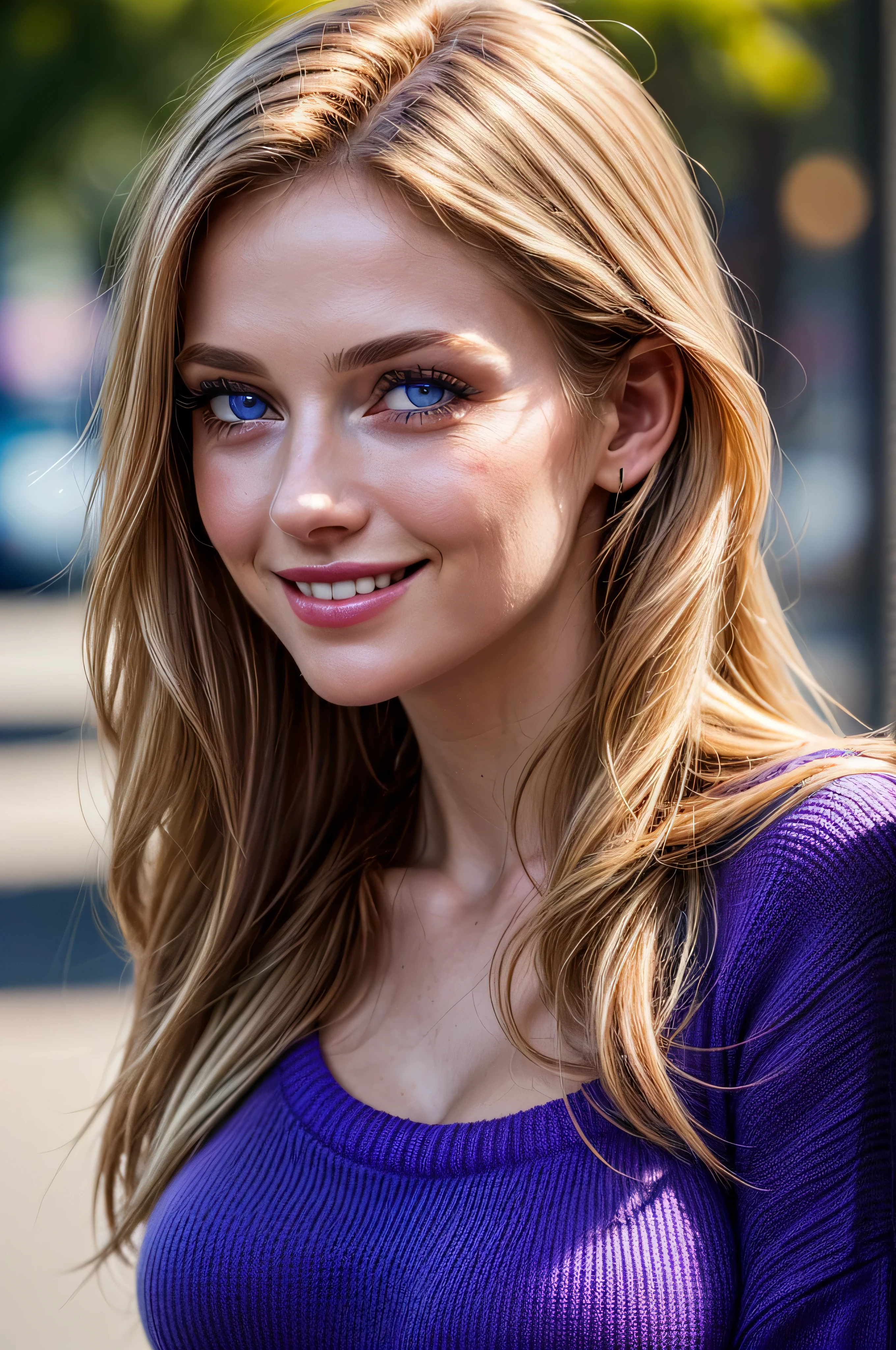 (masterpiece, photorealistic:1.4, extremely intricate:1.3), (photon mapping, radiosity, physically based rendering, ultra resolution, hyper-realistic, photorealistic:1.4, hyper-realistic, 8K), ((((closeup breasts, [medium breasts:large breasts:0.5], closeup portrait, (cheekbones, 18years)), long straight [bright blonde hair:pink hair:0.6]), [makeup:natural:0.6], long eyelashes, thick lashes, loose soft purple jumper), leaning forward, blue eyes), smile. laugh, from above:0.6