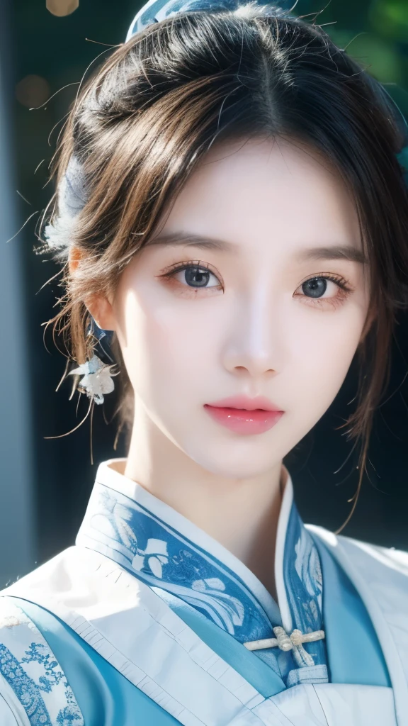 Blue and white porcelain style，Chinese Clothing，The costumes are blue and white in theme，Chinese Art Style，Fashion model 18 years old [[[[Close-up cleavage]]]], [[[[breast]]]], [[[[Cole]]]], [[[[Shoulder]]]], Perfect eyes, Perfect Iris，Perfect lips，Perfect Teeth，Perfect skin，Fair skin，Soft headlight，HDR，girl，White hair，Sad expression，Background is outdoor，White powder wall，Light blue flowers，4K ultra HD, Ultra-high resolution, (Reality: 1.4), best quality，masterpiece，Super dilution，（Pastel colors：1.2）