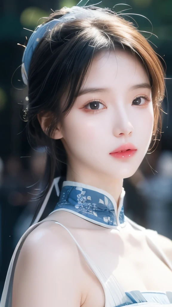 Blue and white porcelain style，Chinese Clothing，The costumes are blue and white in theme，Chinese Art Style，Fashion model 18 years old [[[[Close-up cleavage]]]], [[[[breast]]]], [[[[Cole]]]], [[[[Shoulder]]]], Perfect eyes, Perfect Iris，Perfect lips，Perfect Teeth，Perfect skin，Fair skin，Soft headlight，HDR，girl，White hair，Sad expression，Background is outdoor，White powder wall，Light blue flowers，4K ultra HD, Ultra-high resolution, (Reality: 1.4), best quality，masterpiece，Super dilution，（Pastel colors：1.2）