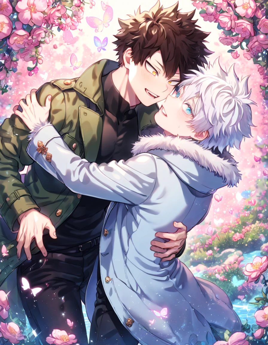absurdres, highres, ultra detailed, HDR, master piece, best quality, extremely detailed face, delicated features, Overhaul, dark brown hair, short hair, expressive yellow eyes, Boku No Hero Academia, Gojou Satoru, white hair, expressive blue eyes, white eyelashes, two sexy men together, yaoi, gay couple, handsome, light-blue coat with fur collar, green coat with fur collar, black tight shirt with patterns, brown pants, black pants, fantasy, magical, pink butterflies, spring, pink leaves, pink flowers, water, garden