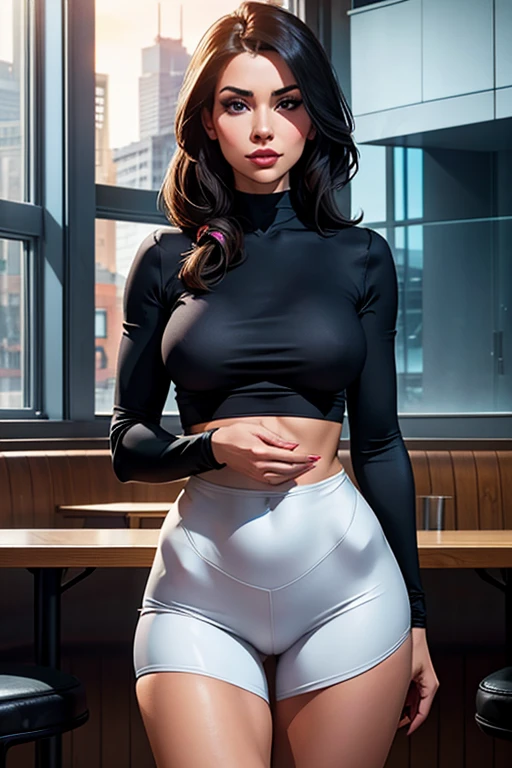 .Half-length photograph of a beautiful, attractive woman in a modern cafe with many windows ::3 trends, modern shape - tight-fitting clothes that accentuate your perfect body ::2 Photograph captured using a Canon 6D Mark II with 85mm lens at f/ 4 and ISO 100 ::3 Photo the glamour, rewarded photography, sharp focus, dynamic lighting ::1