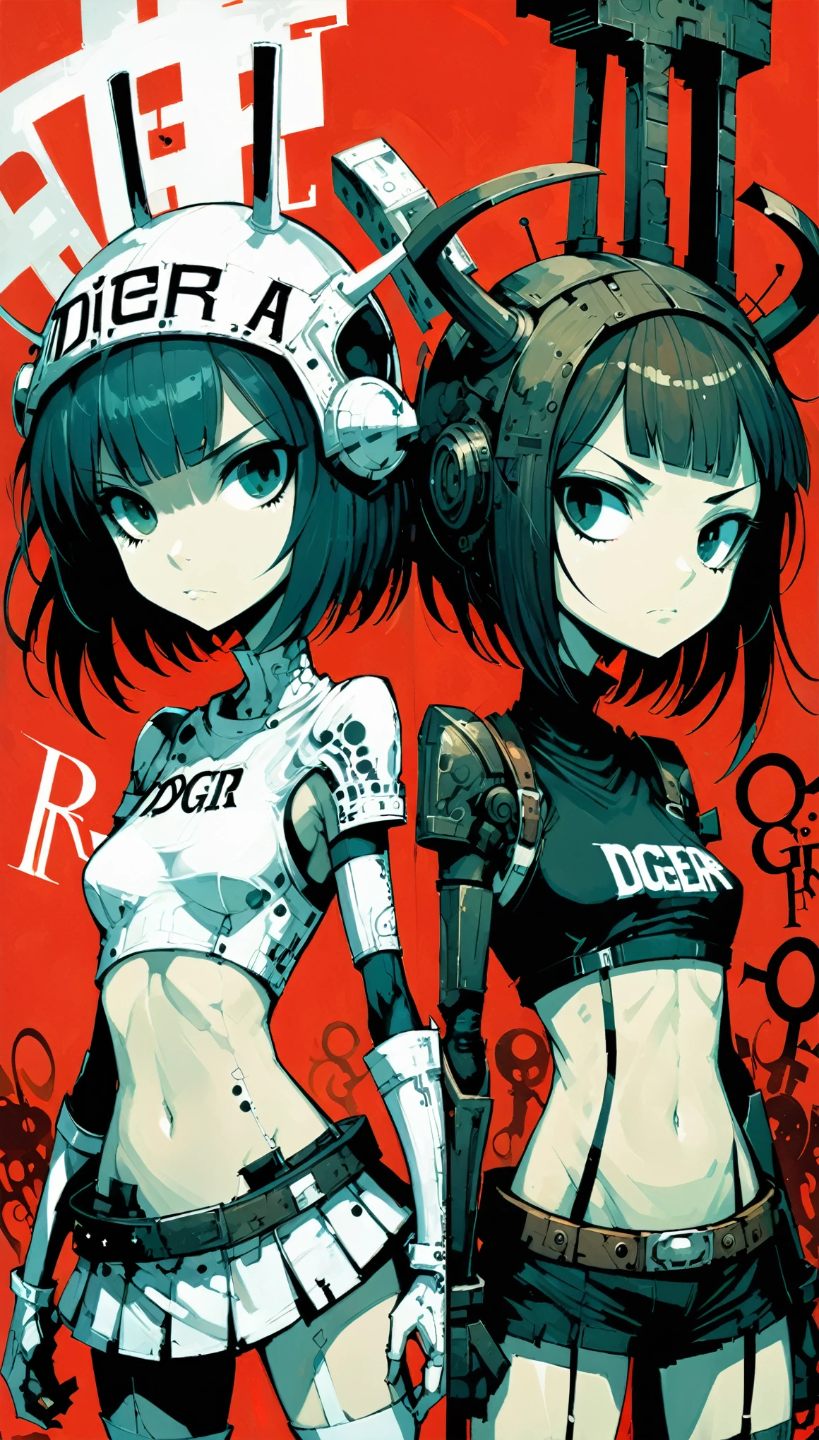 in style of ashley wood,in style of Alex Hirsch,in style of American McGee,
(cowboy shot:1.5),Face to face left half (catear girl switch) and right half (dogear gir fighter) in big capital letters, 2 sides of theimage, mirrored realms, intensity, captivating gaze